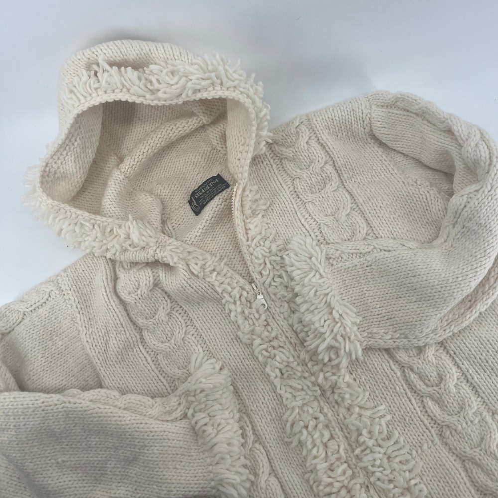 Sisandina Wool Hooded Cardigan Sweater Cream Cable Knit Fringe M/L Women Ecuador